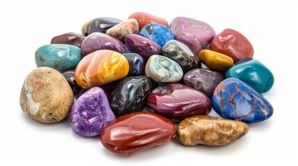 A colorful collection of polished gemstones arranged in a vibrant display showcasing their natural beauty and mineral diversity