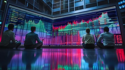 Traders watching a stock market chart on a giant screen with lights reflecting the fast-paced trades