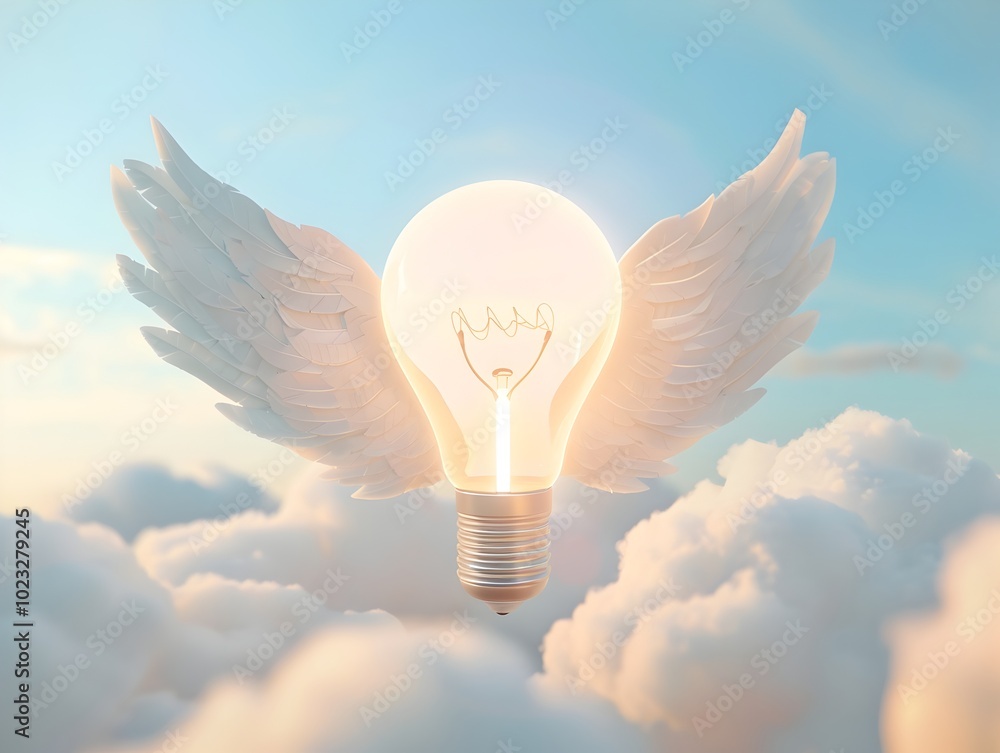 Poster lightbulb with wings flying through cloudy skies representing limitless potential of new ideas