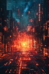 Futuristic cityscape with neon lights and digital elements at night, representing a hightech, cyberpunk environment ideal for science fiction, technology, and game design.