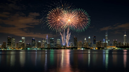 Fireworks celebrating over Indianapolis skyline reflected in river at night
