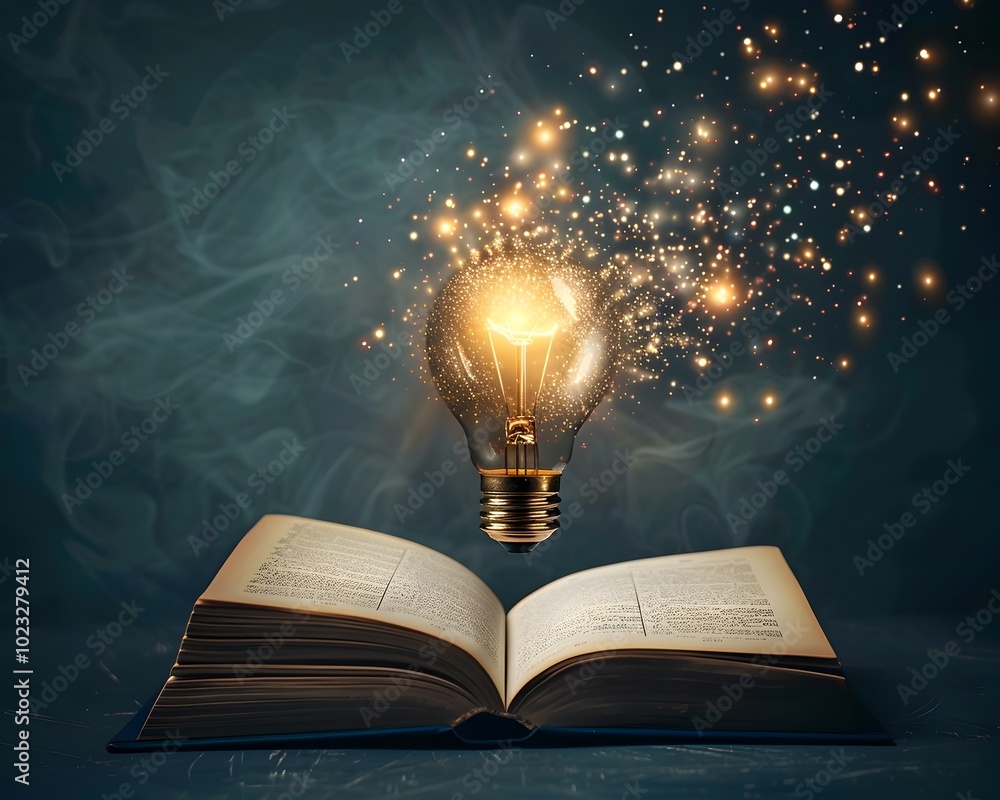 Poster glowing bulb of floating above open book of knowledge