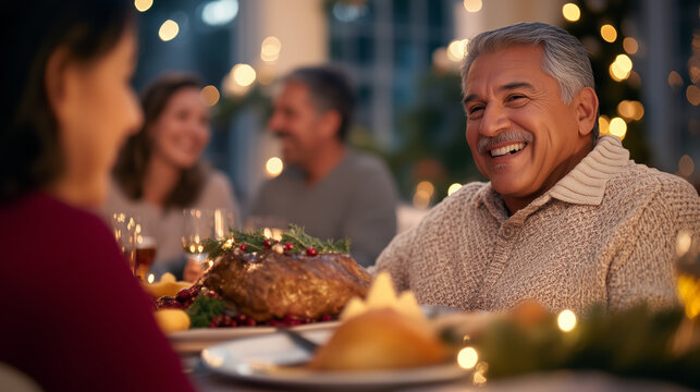 Festive Family Gathering with Holiday Feast A multicultural group of friends and family sits around a beautifully decorated dinner table, sharing a festive meal together. The hoste