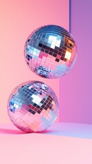 An 80s dance floor background with colorful neon lights, reflective disco balls, and shimmering metallic accents, capturing the high-energy party scene of the decade.