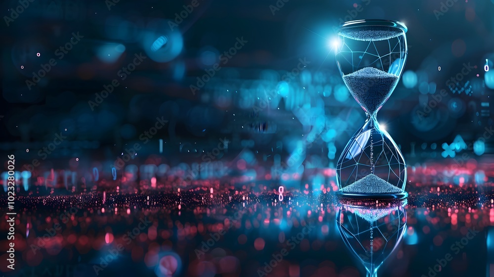 Poster futuristic hourglass with digital sand counting down pixels symbolizing the digital age s approach t