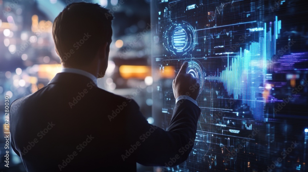 Poster a professional interacting with a digital interface displaying data and analytics.
