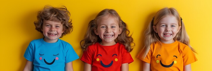 Happy children smiling in colorful shirts for playful advertisement and joyful family marketing