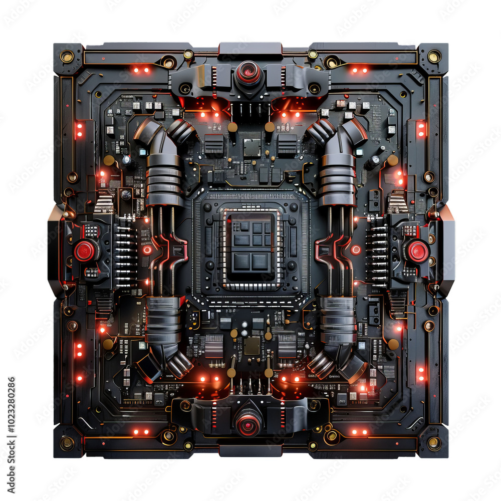 Poster powerful futuristic processor unit computing data with red lights in a dark environment