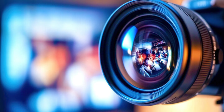 A camera lens is focused on a television screen