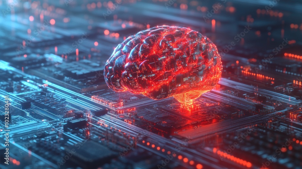 Poster a glowing brain on a circuit board, symbolizing the fusion of technology and intelligence.
