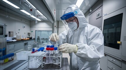 Worker in full-body protection assembling biological samples in high-security lab