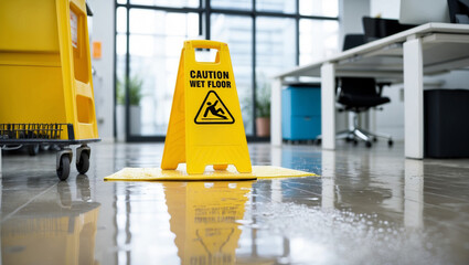 Wet floor with yellow warning signs and businessman in office