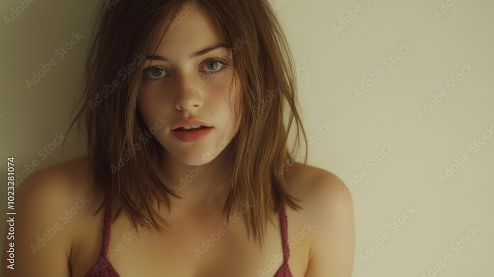 Wall mural young woman with tousled hair gazes softly against a neutral background in a cozy indoor setting