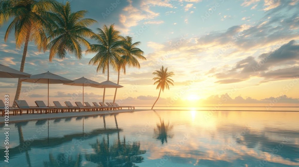 Poster a beautiful beach scene with palm trees and a pool