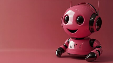 Naklejka premium A friendly pink robot with headphones smiles against a vibrant pink backdrop.