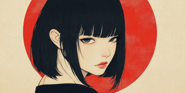 A young woman with striking black hair stands in front of a vibrant red circle backdrop