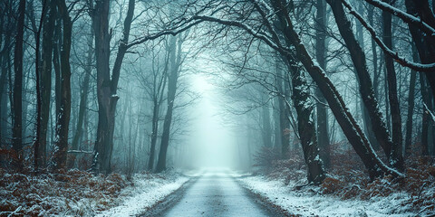 A snowy forest road with trees in the background