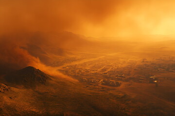 Fototapeta premium A massive dust storm rolling over a desert town, with thick clouds of dust obscuring the horizon