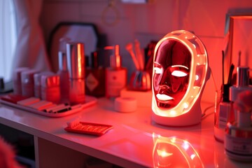 Led facial mask with skincare products on a vanity table