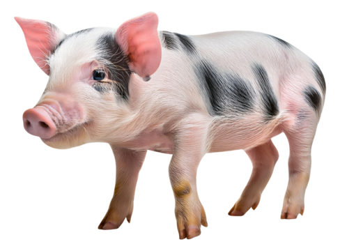 Cute Piglet with Black Spots Standing Isolated on Transparent Background.