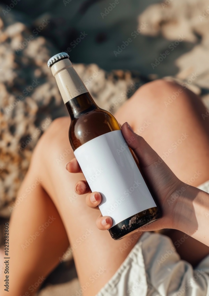 Canvas Prints Woman holding a bottle of beer outdoors summer drink.