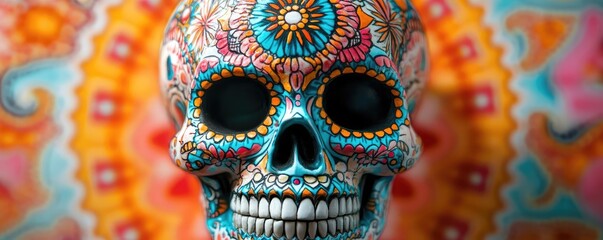 Fototapeta premium Colorful decorative skull featuring intricate patterns against a vibrant background, perfect for cultural and artistic themes.