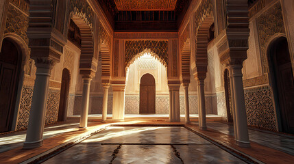 Obraz premium A 3d alhambra palace with soft glowing details, representing the moorish influence in spain. Moorish Palace. Illustration