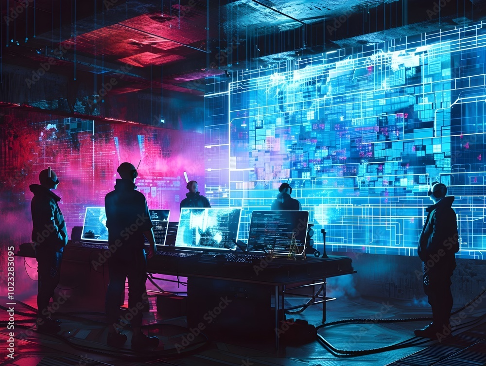 Poster futuristic hacker in high tech bunker with holographic displays and floating data streams
