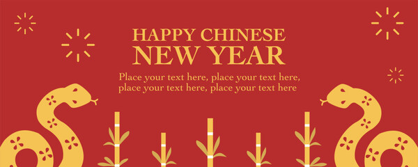 Lunar new year concept, Chinese new year 2025 and year of the Snake with Chinese zodiac Snake symbol and bamboo illustration, in red background, geometric design for, card, poster, banner, flyer, web.