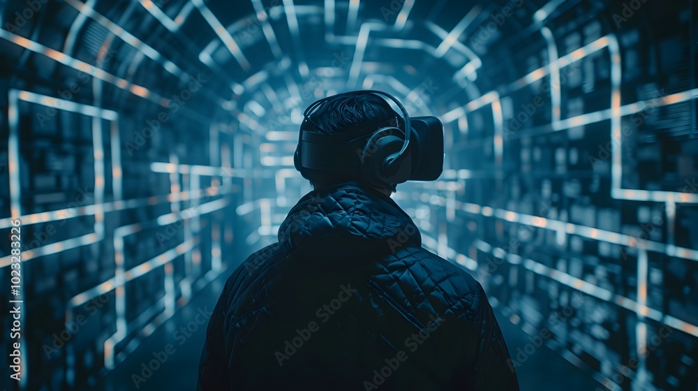 Poster hacker navigating through virtual cybersecurity maze with vr headset