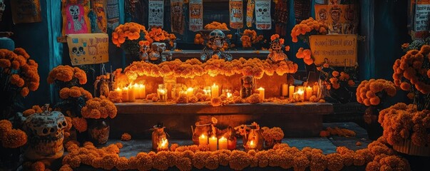 Fototapeta premium A vibrant altar adorned with marigold flowers and candles, capturing the essence of a traditional celebration honoring loved ones.
