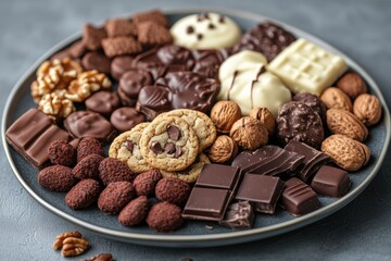 assorted sweet and savory snacks on a plate cookies, chocolates, nuts snack platter concept featuring a mix of flavors