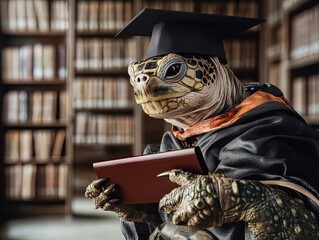 Wise Tortoise Graduates: A Serene Library Scene Perfect for Academic or Inspirational Sports Décor Posters