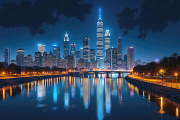 Obraz premium Philadelphia skyline reflecting on schuylkill river at night