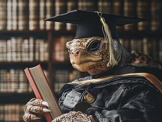 Wise Tortoise Graduates: A Serene Library Scene Perfect for Academic or Inspirational Sports Décor Posters