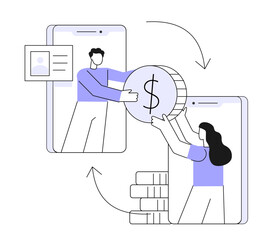 Man and woman with smartphones sending coins to each other. People using mobile bank. Flat vector illustration.