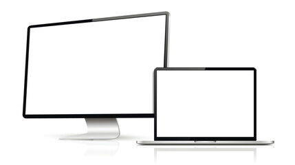 Realistic computer screen with laptop mockup. Computer display and laptop with blank screen.