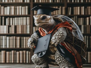 Wise Tortoise Graduates: A Serene Library Scene Perfect for Academic or Inspirational Sports Décor Posters