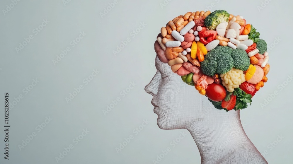 Poster transparent head showing the brain absorbing flowing vitamins nutrients and nourishment from a color