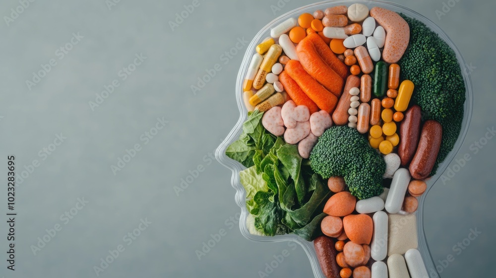 Poster transparent 3d rendered head with brain absorbing a flow of colorful vitamins minerals and nutrients