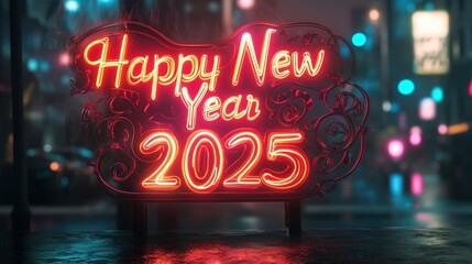 A glowing neon sign with swirling designs around Happy New Year 2025, set against a dark urban backdrop.