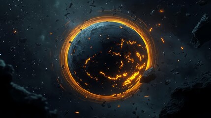 A planet with glowing, shifting rings, its orbit surrounded by debris and satellites, Scifi, Dark and moody, 3D render