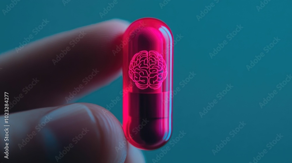 Poster close up of a hand holding a glowing capsule with a brain symbol inside representing a futuristic co