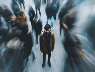 Lone figure in the crowd lost in isolation and deep contemplation