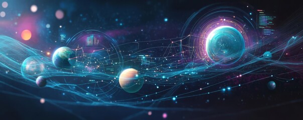 A view of a galactic map showing the orbits of multiple planets, with data points and holographic visuals, Scifi, Soft blues and purples, Digital illustration