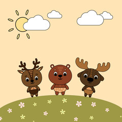 Children's animal background. Cute animals in the jungle on white. Vector illustration in flat style