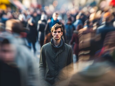 A young man stands alone in a crowded city street his face sharply focused amidst the blurred surroundings conveying a sense of deep loneliness and
