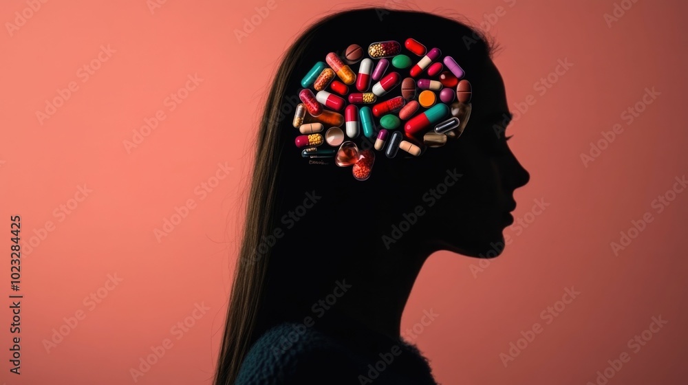 Aufkleber conceptual silhouette profile image showing a person s brain highlighted by floating icons of variou