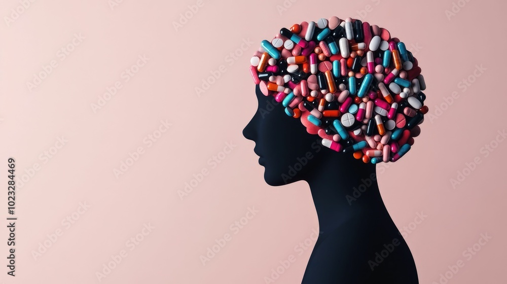 Poster silhouette of a person with their brain highlighted by floating icons representing various vitamins 