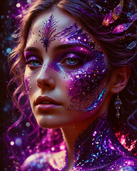 Obraz premium A woman with purple face paint and blue eyes